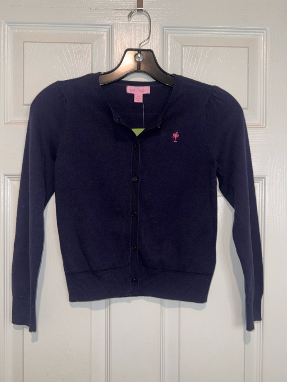Lilly Pulitzer Kids Navy Cardigan with Pink Palm Logo. Size L 8-10